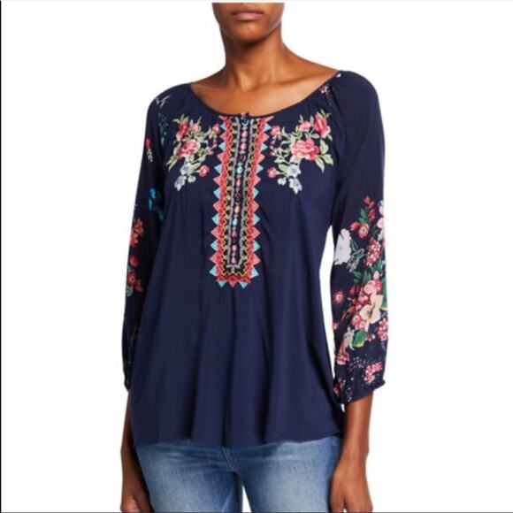 Johnny Was Sheera Embroidered Challis Blouse Blue Women's Small NWT - Picture 8 of 8